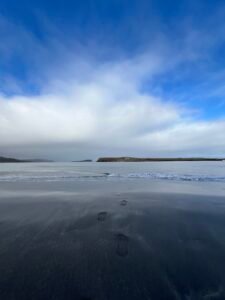 Footprints on black sand beach with cloudy sky above