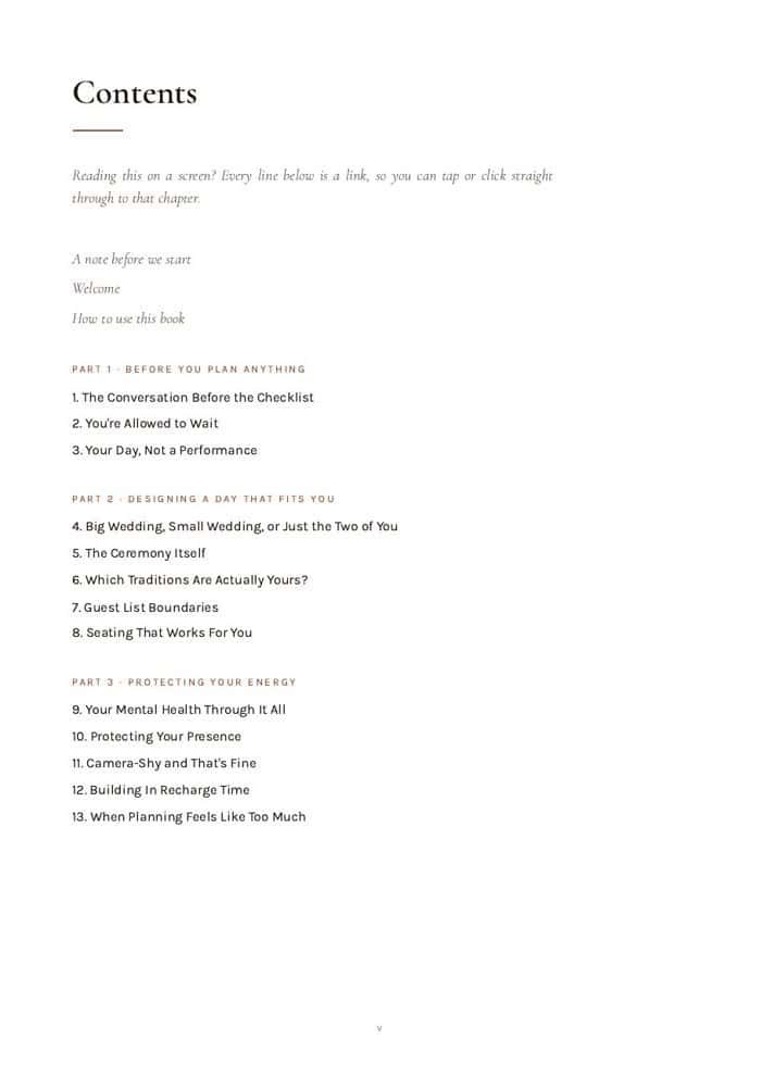 The Quiet Wedding Guide contents page