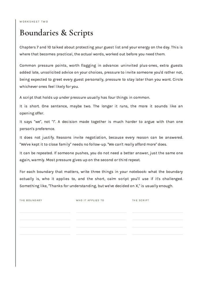 Boundaries and Scripts worksheet page from The Quiet Wedding Guide